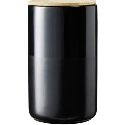 Pot en céramique noir avec couvercle en bois H16,5 cm^Gifi Discount