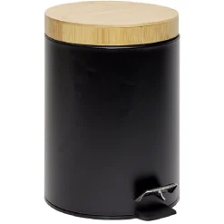 Nettoyage Et Entretien|Gifi Poubelle salle de bain à pédale couvercle bambou et métal noir 5L