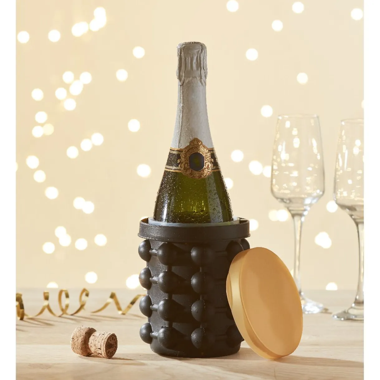 Rafraîchisseur de bouteille bac à glaçons 2en1 noir et doré^Gifi