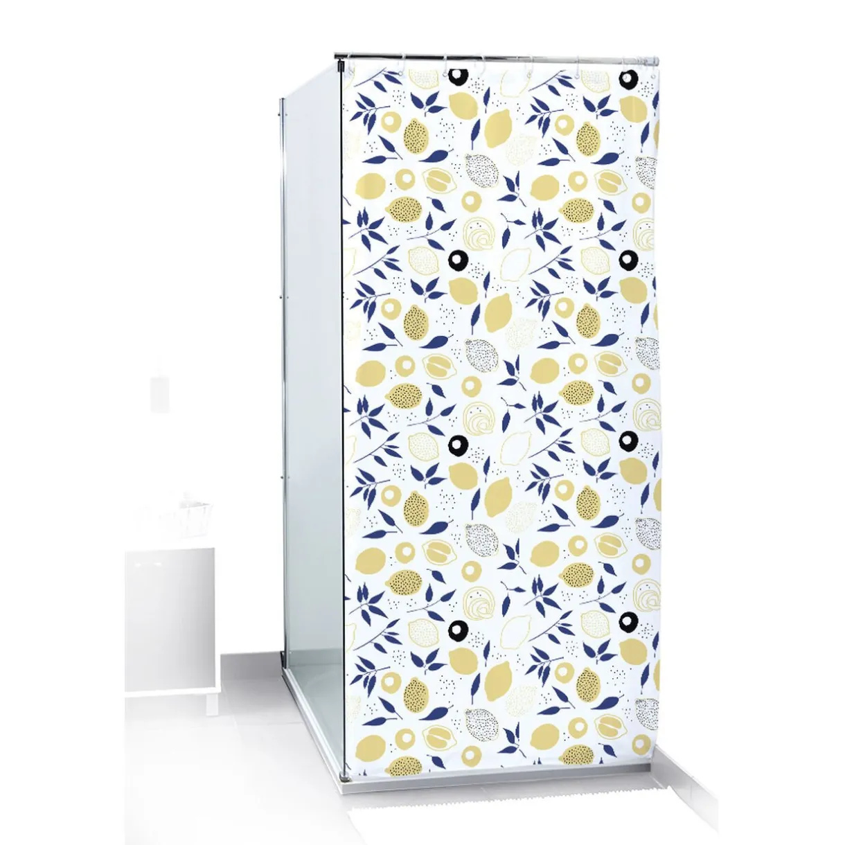 New Gifi Rideau de douche motif citron jaune et bleu Sunflow 180xH200cm
