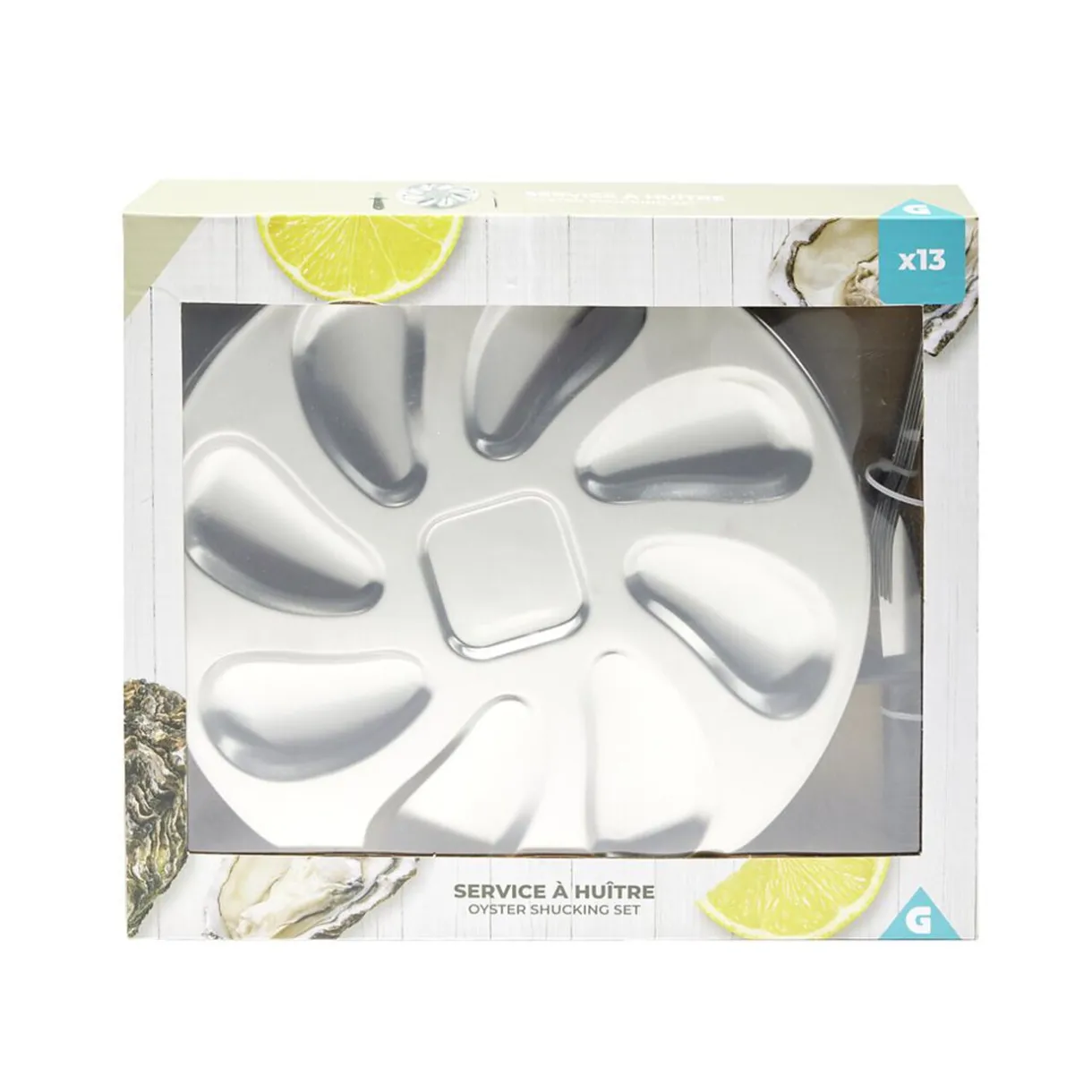 Service à huitres en inox 13 pièces avec couteau/fourchettes/assiettes^Gifi Discount