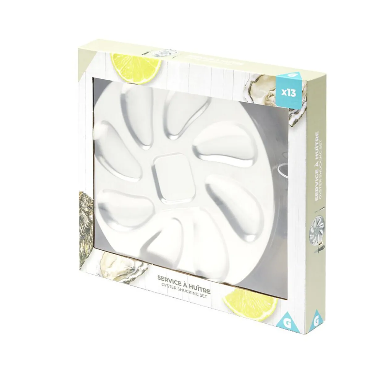 Service à huitres en inox 13 pièces avec couteau/fourchettes/assiettes^Gifi Discount