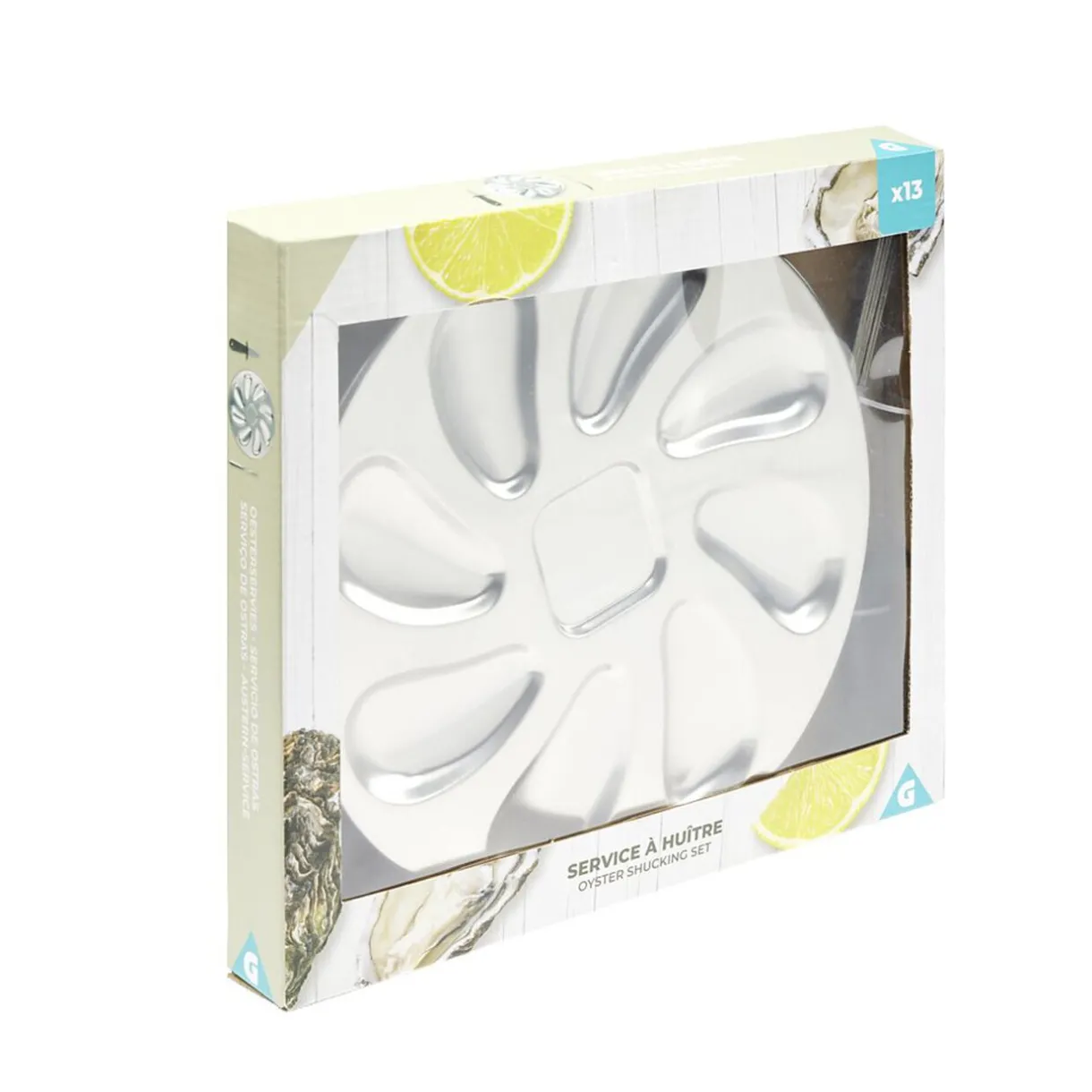 Service à huitres en inox 13 pièces avec couteau/fourchettes/assiettes^Gifi Discount