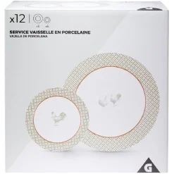Service à vaisselle design campagne poule 12 pièces gris blanc rouge^Gifi Discount