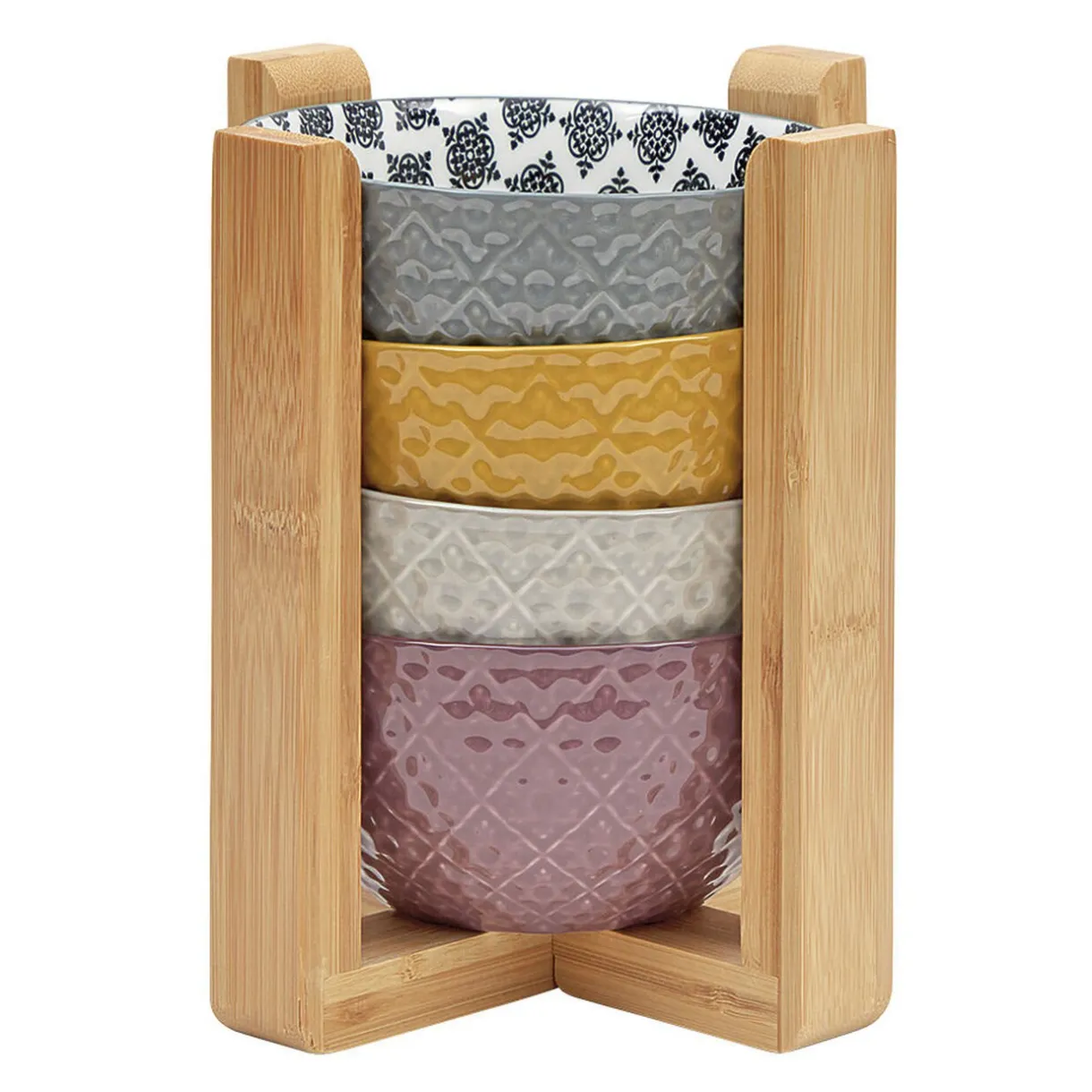 Set 4 bols décor ethnique noir et blanc et support en bambou^Gifi New