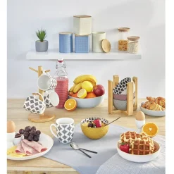 Set 4 mugs décor arabesque noir et blanc et support en bambou^Gifi