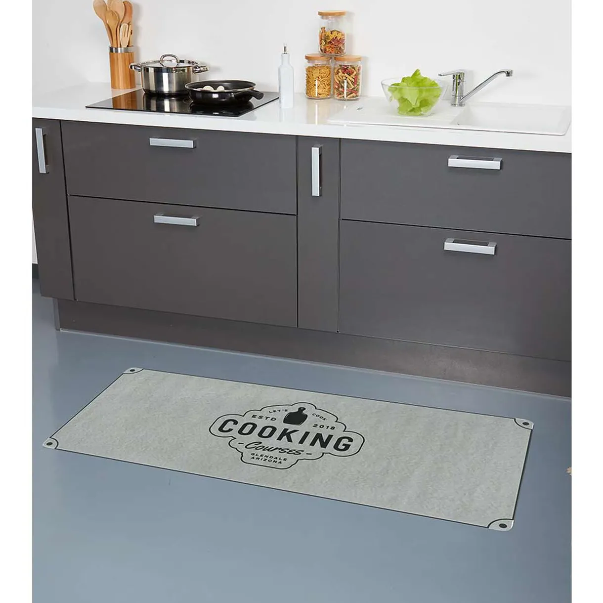 Nettoyage Et Entretien|Gifi Tapis de cuisine gris polyamide décor Cooking courses 120x50 cm