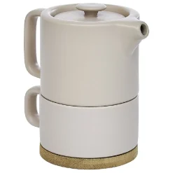Tisanière 40cl et tasse 25cl grès taupe avec support bambou^Gifi New
