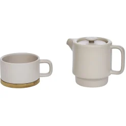 Tisanière 40cl et tasse 25cl grès taupe avec support bambou^Gifi New
