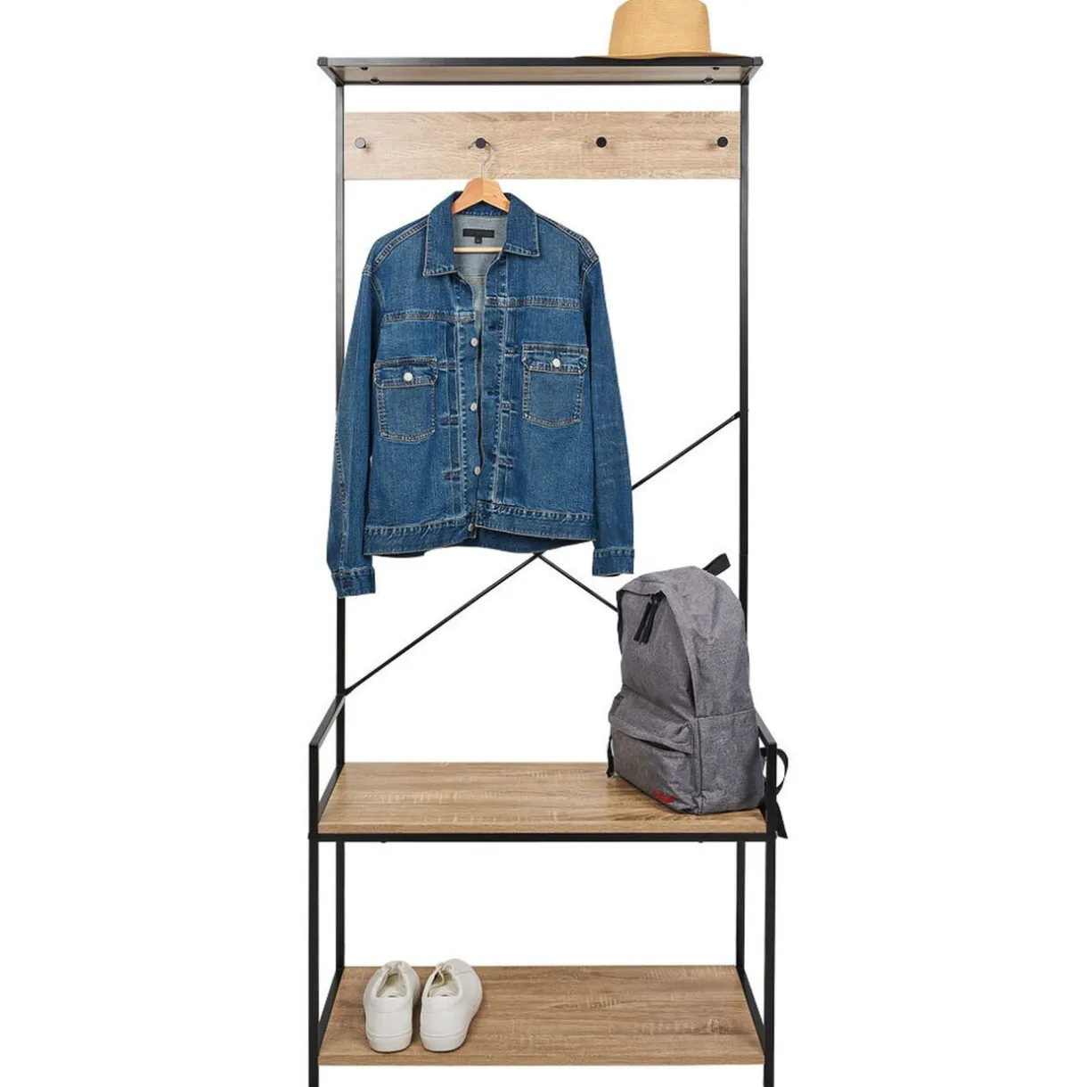 Rangement|Gifi Vestiaire métal et bois 4 crochets 2 niveaux 1 étagère