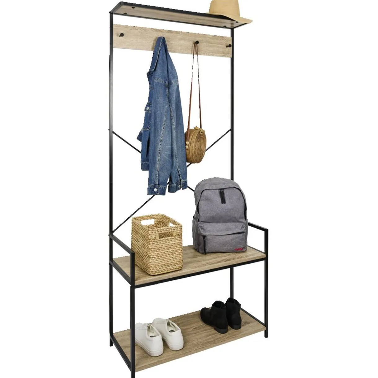 Rangement|Gifi Vestiaire métal et bois 4 crochets 2 niveaux 1 étagère